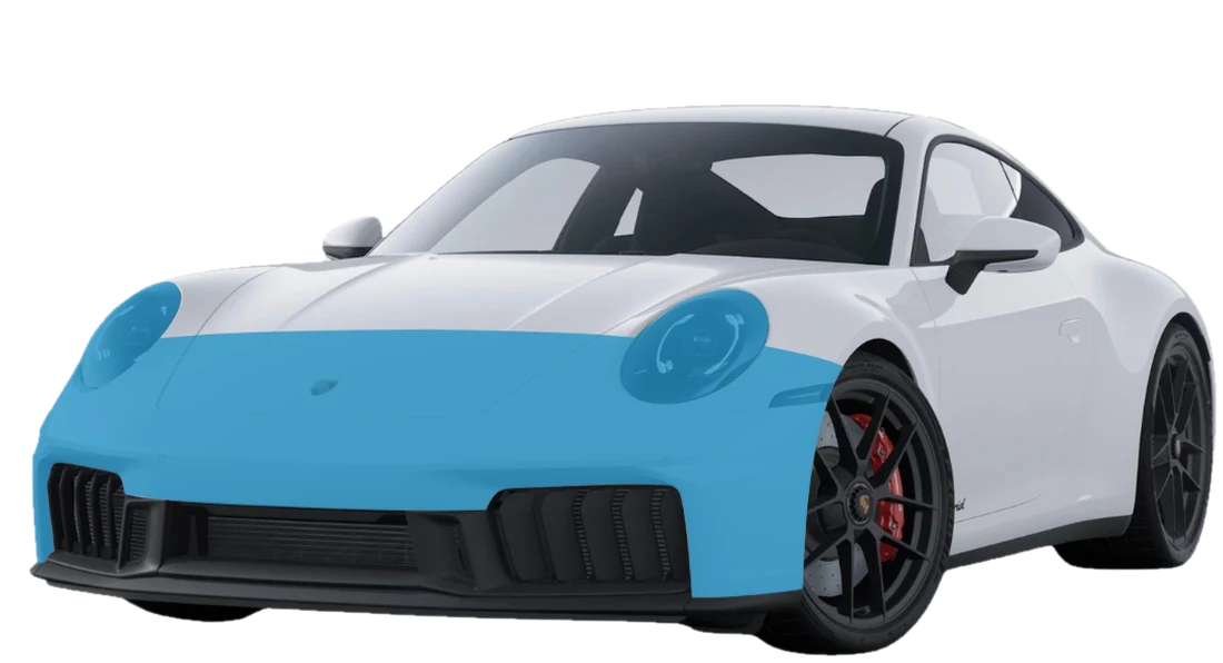 Porsche 911 with the partial front paint protection film coverage shown in blue