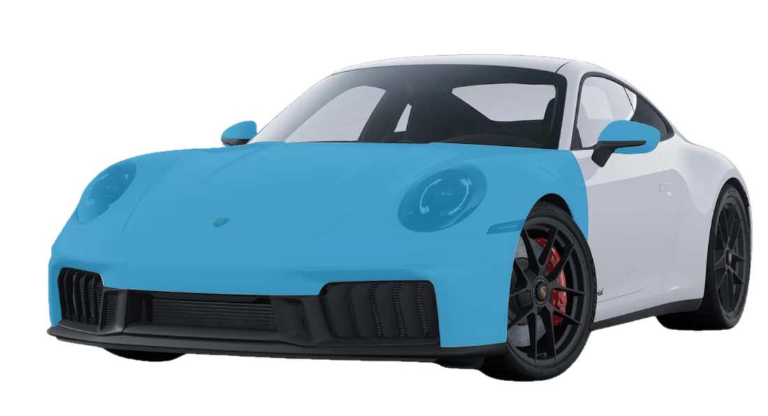 Porsche 911 with the full front paint protection film coverage shown in blue