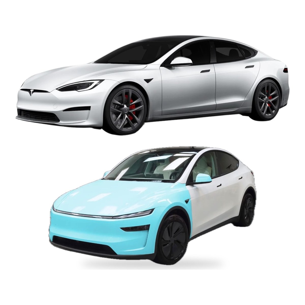 Tinted Tesla Model S and a Tesla Model Y with paint protection film